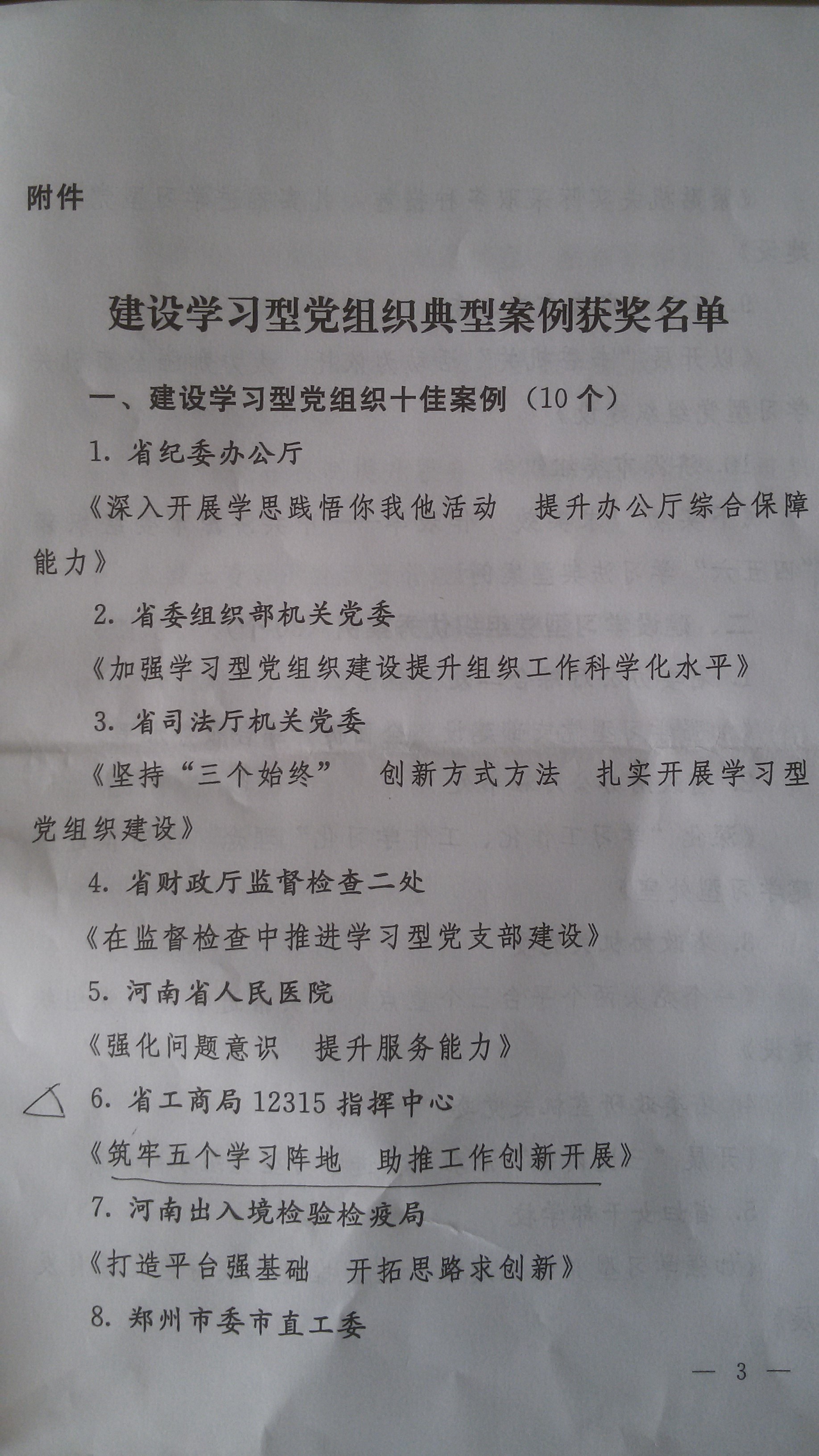 河南省工商局12315指揮中心選送案例獲評“建設學(xué)習型黨組織十佳案例”