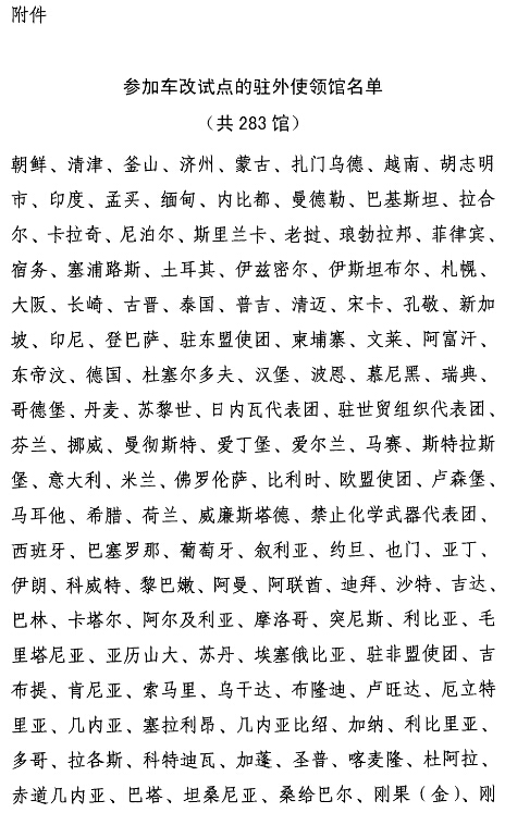 參加車(chē)改試點(diǎn)的駐外使領(lǐng)館名單