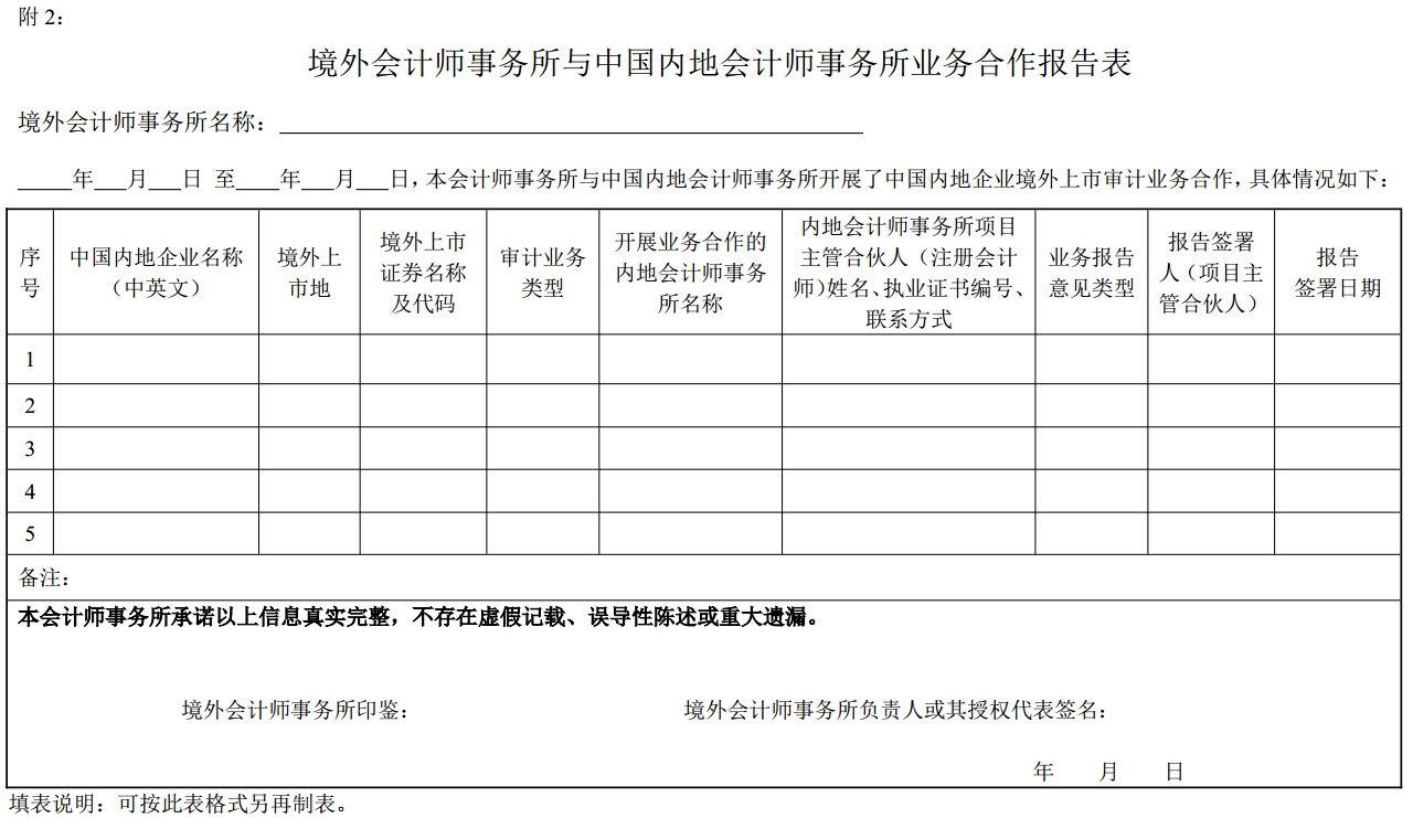 境外會(huì )計師事務(wù)所與中國內地會(huì )計師事務(wù)所業(yè)務(wù)合作報告表