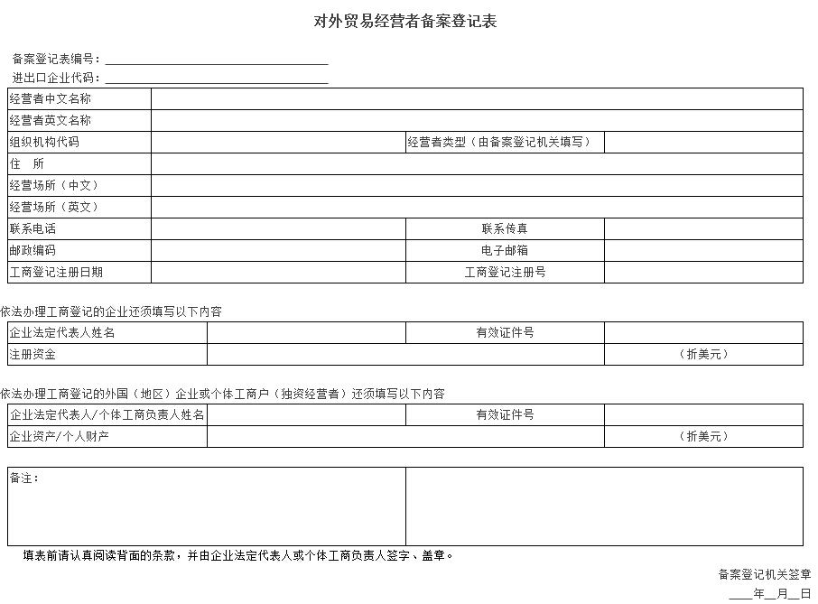 對外貿易經(jīng)營(yíng)者備案登記表