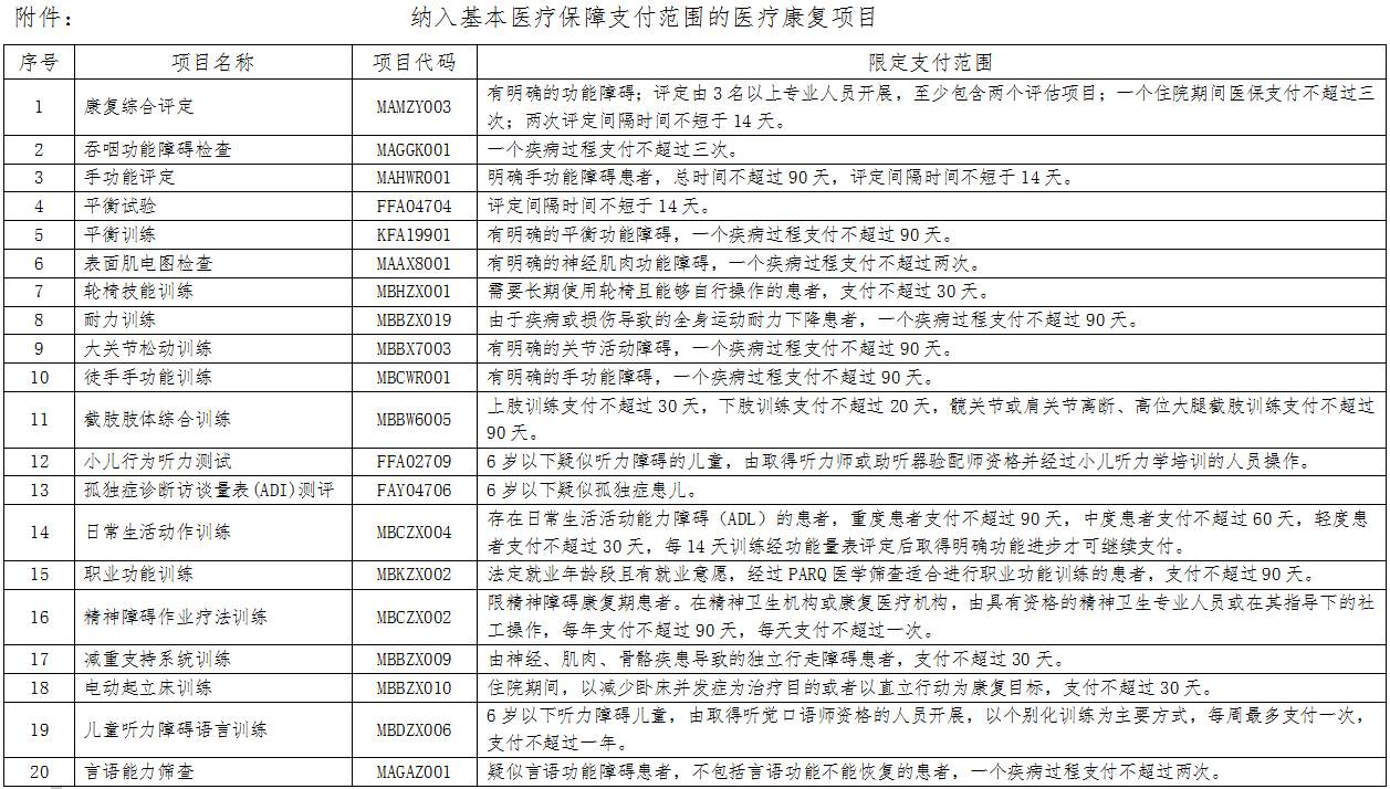 納入基本醫療保障支付范圍的 醫療康復項目