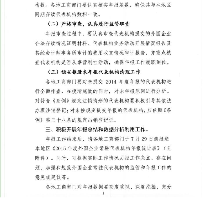 工商企監字〔2016〕7號《關(guān)于做好2015年度外國企業(yè)常駐代表機構年度報告工作的通知》3