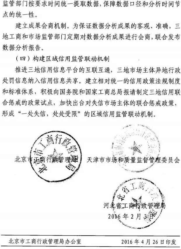 京工商發(fā)〔2016〕6號《關(guān)于加強京津冀三地工商和市場(chǎng)監管部門(mén)市場(chǎng)準入工作聯(lián)動(dòng)服務(wù)京津冀協(xié)同發(fā)展的意見(jiàn)》4