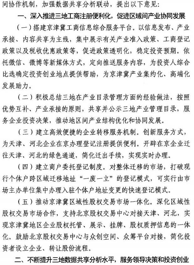 京工商發(fā)〔2016〕6號《關(guān)于加強京津冀三地工商和市場(chǎng)監管部門(mén)市場(chǎng)準入工作聯(lián)動(dòng)服務(wù)京津冀協(xié)同發(fā)展的意見(jiàn)》2