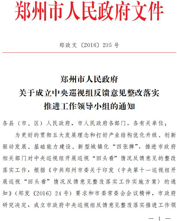鄭政文〔2016〕205號《鄭州市人民政府關(guān)于成立中央巡視組反饋意見(jiàn)整改落實(shí)推進(jìn)工作領(lǐng)導小組的通知》