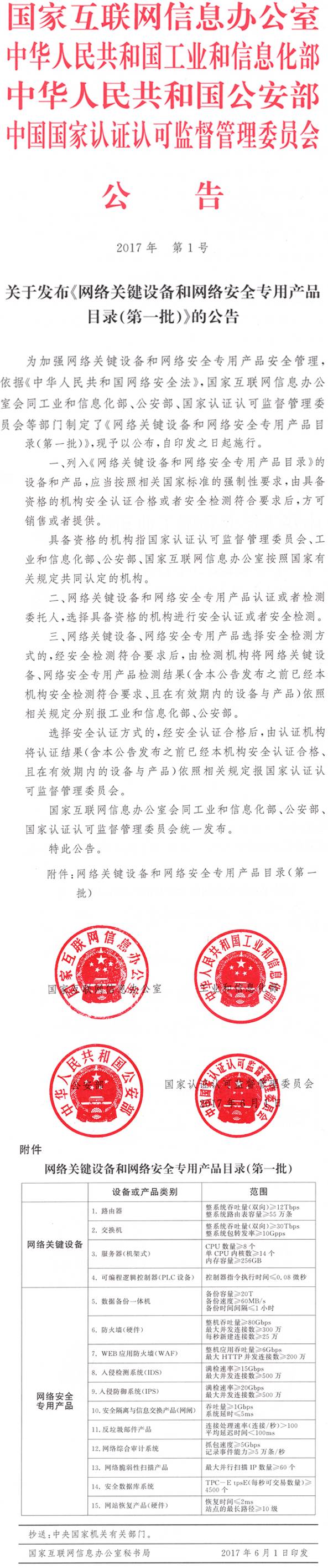 《網(wǎng)絡(luò )關(guān)鍵設備和網(wǎng)絡(luò )安全專(zhuān)用產(chǎn)品目錄（第一批）》國家互聯(lián)網(wǎng)信息辦公室、工業(yè)和信息化部、公安部、國家認證認可監督管理委員會(huì )公告2017年第1號