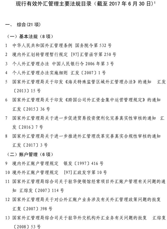 《現行有效外匯管理主要法規目錄》（截至2017年6月30日)