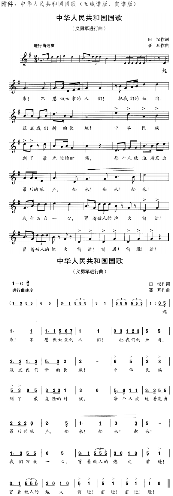 中華人民共和國國歌（五線(xiàn)譜版、簡(jiǎn)譜版）