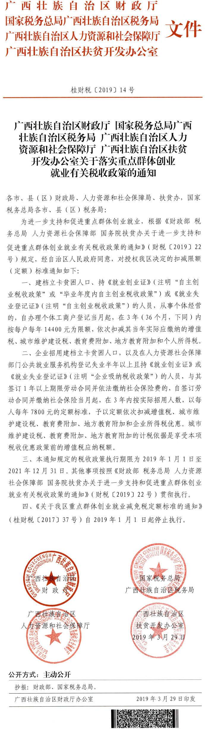 桂財稅〔2019〕14號《廣西壯族自治區財政廳國家稅務(wù)總局廣西壯族自治區稅務(wù)局廣西壯族自治區人力資源和社會(huì )保障廳廣西壯族自治區扶貧開(kāi)發(fā)辦公室關(guān)于落實(shí)重點(diǎn)群體創(chuàng  )業(yè)就業(yè)有關(guān)稅收政策的通知》