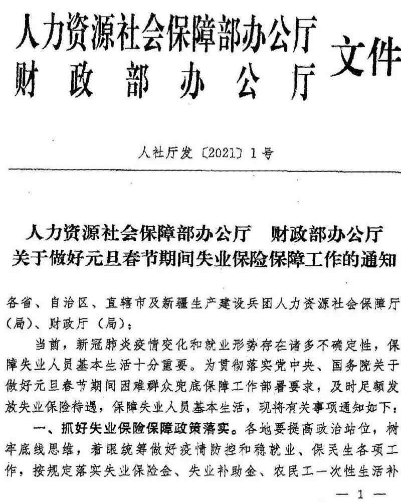 人社廳發(fā)〔2021〕1號《人力資源社會(huì )保障部辦公廳財政部辦公廳關(guān)于做好元旦春節期間失業(yè)保險保障工作的通知》（1）